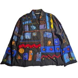 Vtg 1990s Chico's Black Blue Geometric Applique Button Up Collared Jacket Sz 2 L